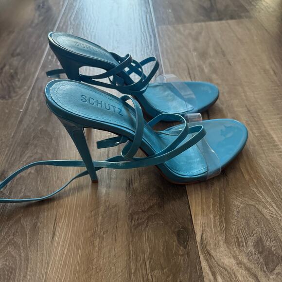 SCHUTZ Cloe Vinyl Strappy Heels – Blue Patent, Clear Strap, Size 10B Womens - Picture 1 of 8